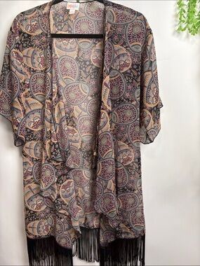 LuLaRoe Black Paisley Fringe Kimono with Purple & Tan Accents